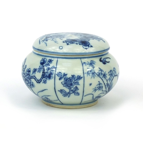 502 - Chinese blue and white porcelain pot and cover, hand painted with birds of paradise amongst flowers ... 