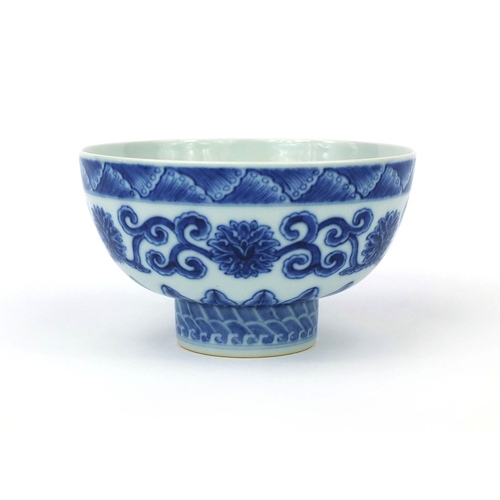 494 - Chinese blue and white porcelain footed bowl, hand painted with flowers and foliate scrolls, six fig... 