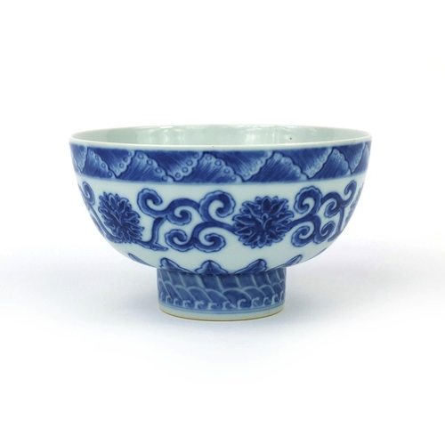 494 - Chinese blue and white porcelain footed bowl, hand painted with flowers and foliate scrolls, six fig... 