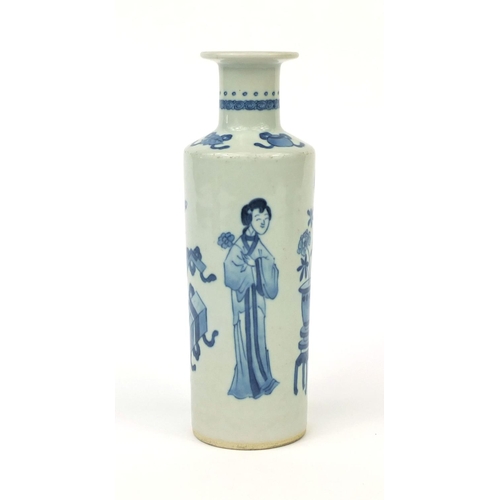 489 - Chinese blue and white porcelain vase of cylindrical form, hand painted with four figures and precio... 