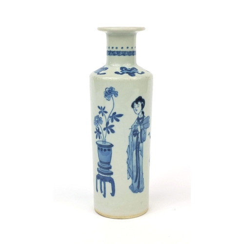 489 - Chinese blue and white porcelain vase of cylindrical form, hand painted with four figures and precio... 