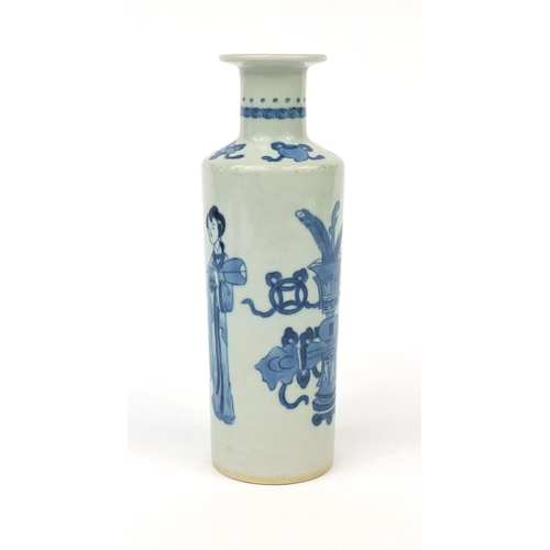 489 - Chinese blue and white porcelain vase of cylindrical form, hand painted with four figures and precio... 