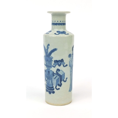 489 - Chinese blue and white porcelain vase of cylindrical form, hand painted with four figures and precio... 