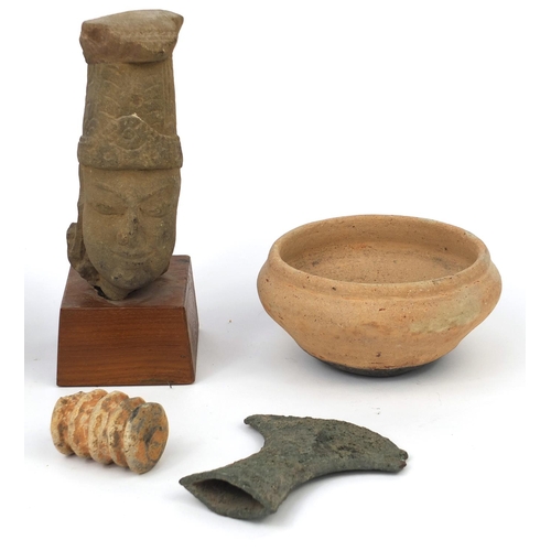 608 - Antiquarian pottery, stone and metalware including carved stone bust on later base, pottery vessels,... 