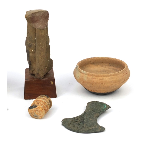 608 - Antiquarian pottery, stone and metalware including carved stone bust on later base, pottery vessels,... 