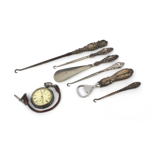 2298 - Silver items including silver handled button hook, bottle opener, silver H E Peck of London pocket w... 