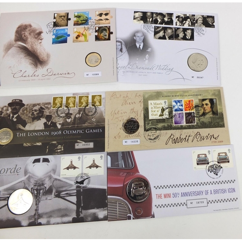 2307 - Nine numismatist coin covers including Charles Darwin, 2009 two pound, Concorde, The mini 50th Anniv... 