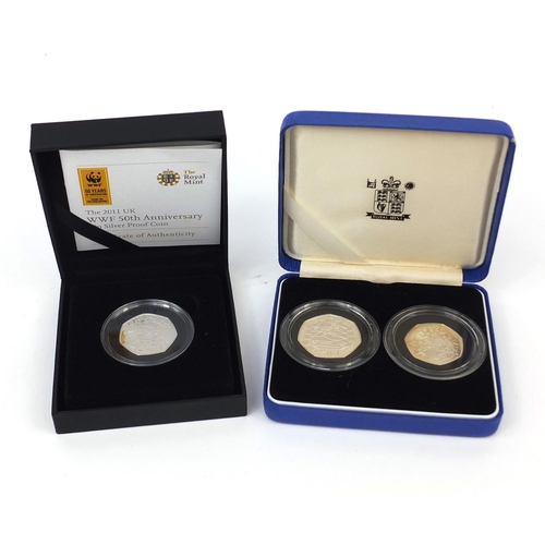 2304 - Two silver proof coin sets comprising 1992-1993 Piedfort fifty pence two coin set and 2011 UK WWF 50... 