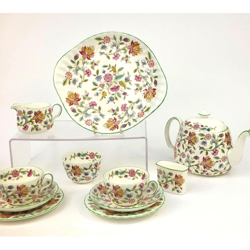 2105 - Minton's Haddon Hall teaware including teapot, three trio's and sandwich plate, the teapot 14.5cm hi... 