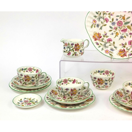 2105 - Minton's Haddon Hall teaware including teapot, three trio's and sandwich plate, the teapot 14.5cm hi... 