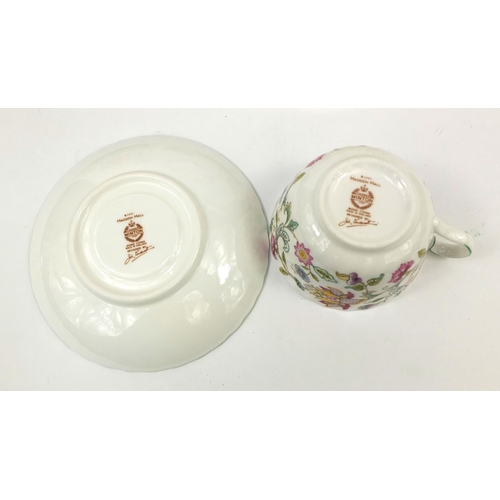 2105 - Minton's Haddon Hall teaware including teapot, three trio's and sandwich plate, the teapot 14.5cm hi... 