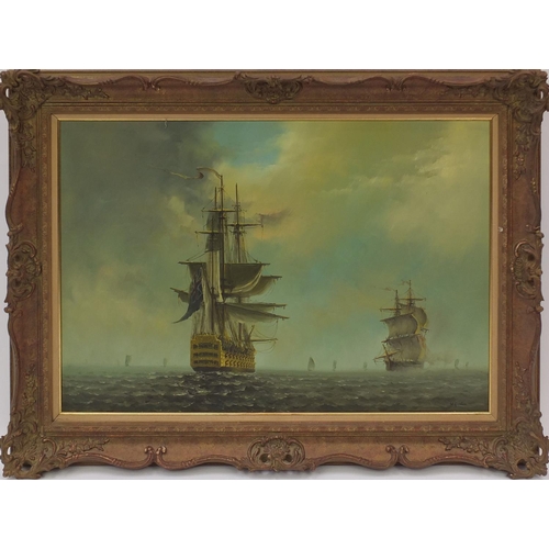 2119 - Oil onto canvas, rigged sailing ships on choppy seas, bearing a signature W Gordon, mounted and orna... 