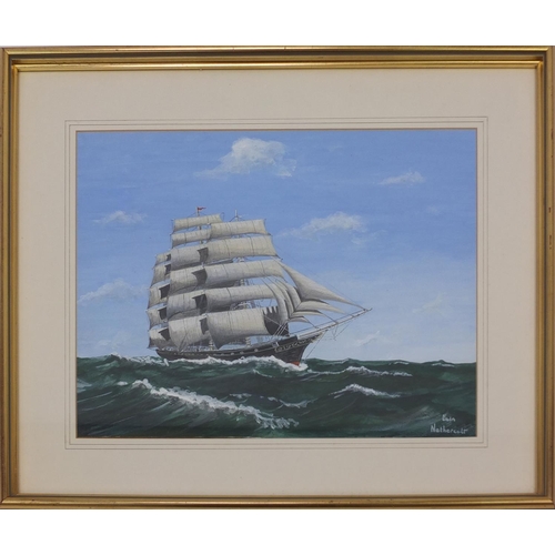 2111 - Iain Nethercott - Watercolour, Cutty Sark, label verso, mounted and gilt framed, 38cm x 29cm excludi... 