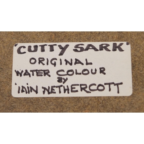 2111 - Iain Nethercott - Watercolour, Cutty Sark, label verso, mounted and gilt framed, 38cm x 29cm excludi... 