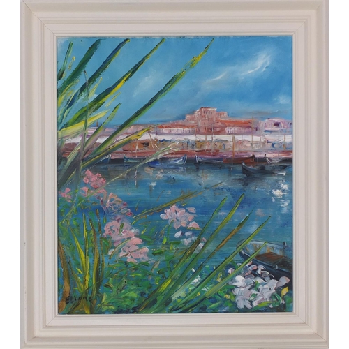 2164 - Oil onto canvas, harbour scene, bearing a signature Eliane, inscribed verso, framed, 54cm x 45cm exc... 