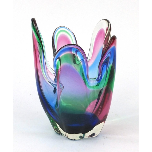 470 - Colourful Art glass handkerchief vase, paper label to the base, 20cm high