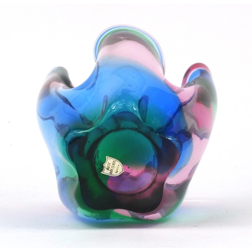 470 - Colourful Art glass handkerchief vase, paper label to the base, 20cm high