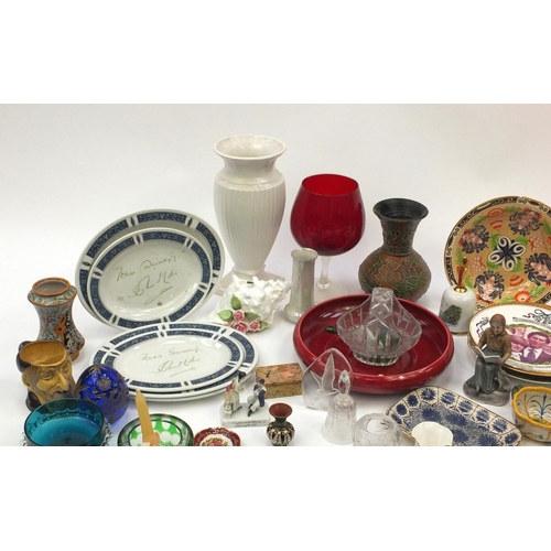 620 - Two boxes of assorted china including a large Arthur Wood vase, dessert plates, colourful glassware,... 