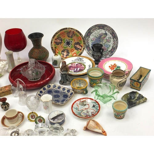 620 - Two boxes of assorted china including a large Arthur Wood vase, dessert plates, colourful glassware,... 