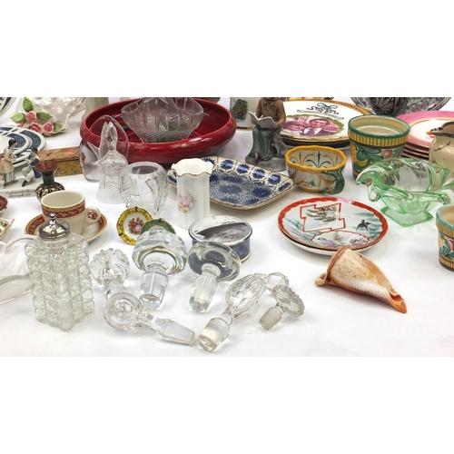 620 - Two boxes of assorted china including a large Arthur Wood vase, dessert plates, colourful glassware,... 