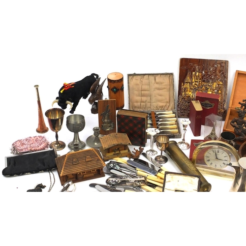 326 - Box of assorted wooden and metal items including a tartan ware book, silver plated items, vintage to... 