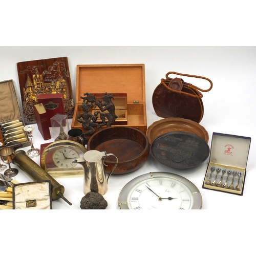 326 - Box of assorted wooden and metal items including a tartan ware book, silver plated items, vintage to... 