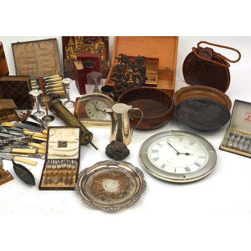 326 - Box of assorted wooden and metal items including a tartan ware book, silver plated items, vintage to... 