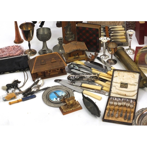 326 - Box of assorted wooden and metal items including a tartan ware book, silver plated items, vintage to... 