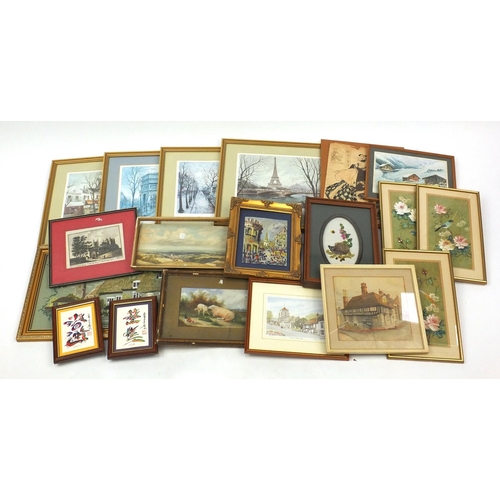 572 - Large selection of assorted pictures including needle works, watercolours, oil paintings, prints etc