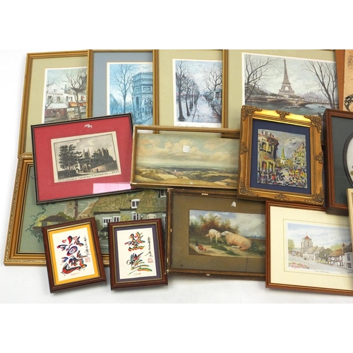 572 - Large selection of assorted pictures including needle works, watercolours, oil paintings, prints etc