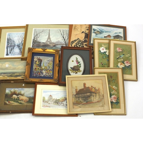 572 - Large selection of assorted pictures including needle works, watercolours, oil paintings, prints etc