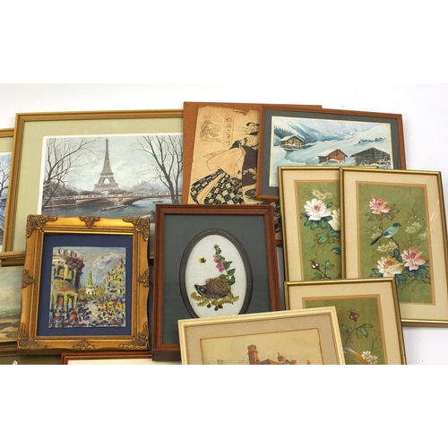 572 - Large selection of assorted pictures including needle works, watercolours, oil paintings, prints etc