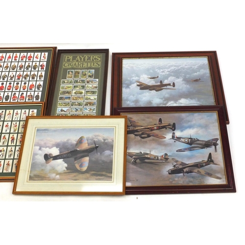 537 - Three framed displays of Military interest cigarette cards and three Military interest airplane prin... 