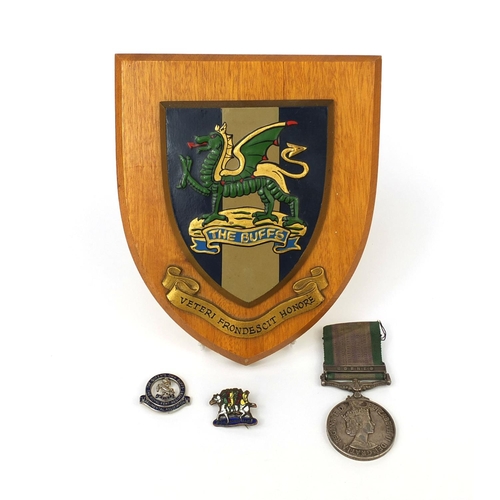 267 - Elizabeth II campaign service medal with Borneo bar, together with The Buffs wooden plaque and two b... 