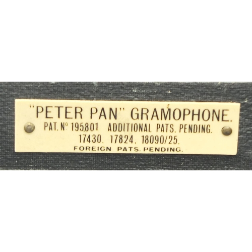 238 - Vintage 'Peter Pan' portable wind up gramophone, with applied plaque to the interior, Pat No 195801,... 