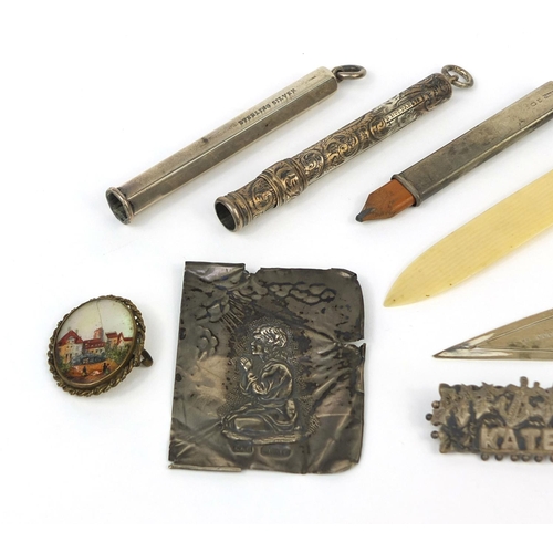 77 - Objects including a 935 silver and guilloche enamelled letter opener with ivorine blade, S Mordan & ... 