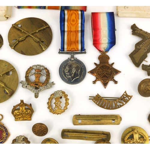 244 - British Military World War I 1914-15 Star and 1914-18 War medals together with related Militaria, th... 