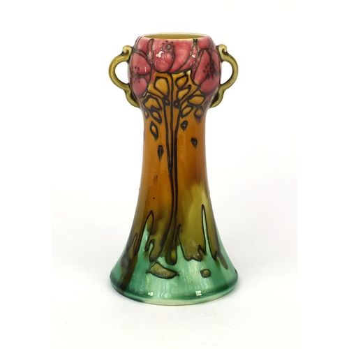 718 - Mintons Secessionist vase with twin handles, hand painted with stylised floral motifs, factory marks... 