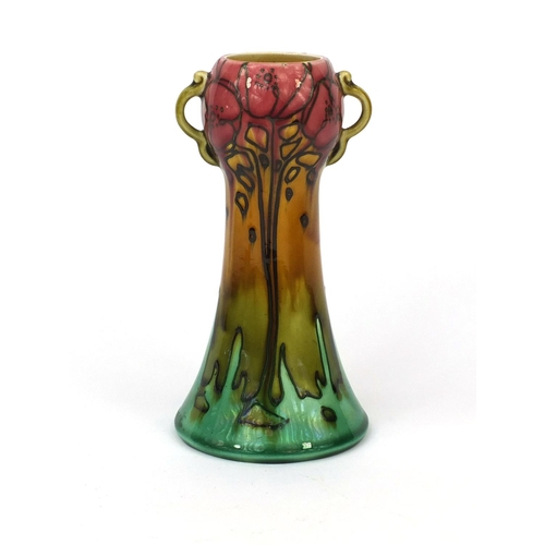 718 - Mintons Secessionist vase with twin handles, hand painted with stylised floral motifs, factory marks... 