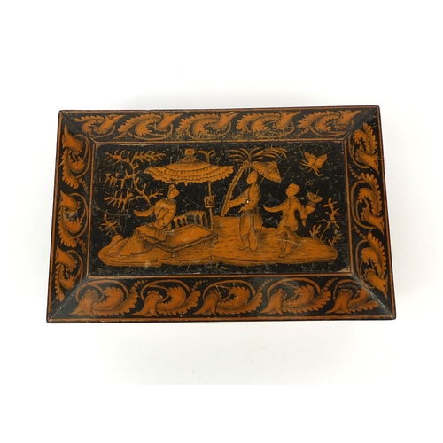 44 - Regency pen work box with divisional interior, the hinged lid with chinoiserié figures amongst ferns... 