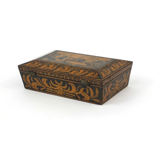 44 - Regency pen work box with divisional interior, the hinged lid with chinoiserié figures amongst ferns... 