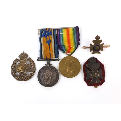 251 - World War I British Military Victory and 1914-18 War medal with two London cap badges and a 9ct gold... 