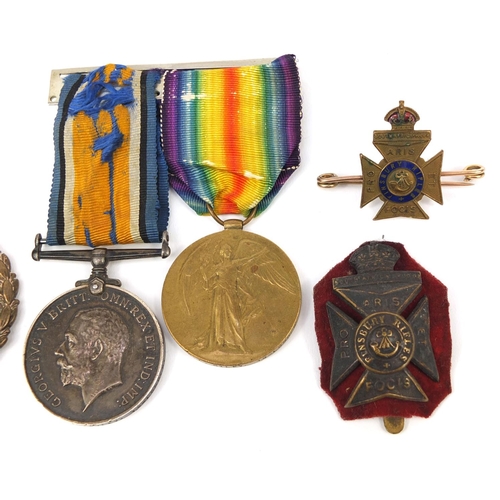 251 - World War I British Military Victory and 1914-18 War medal with two London cap badges and a 9ct gold... 