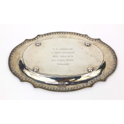 617 - Thailand sterling silver card tray, engraved S O Legnelius A Bon Souvenir BKK 1964-1974 all local st... 