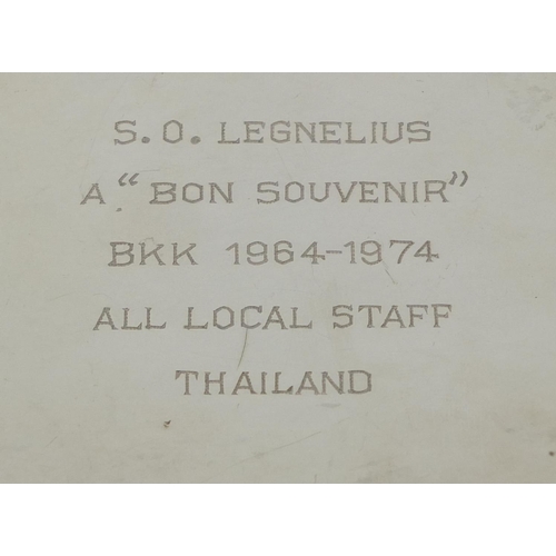 617 - Thailand sterling silver card tray, engraved S O Legnelius A Bon Souvenir BKK 1964-1974 all local st... 