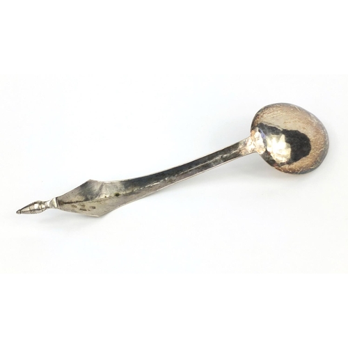 616 - Middle eastern ladle with engraved with floral motifs, impressed marks to the reverse, 27cm in lengt... 