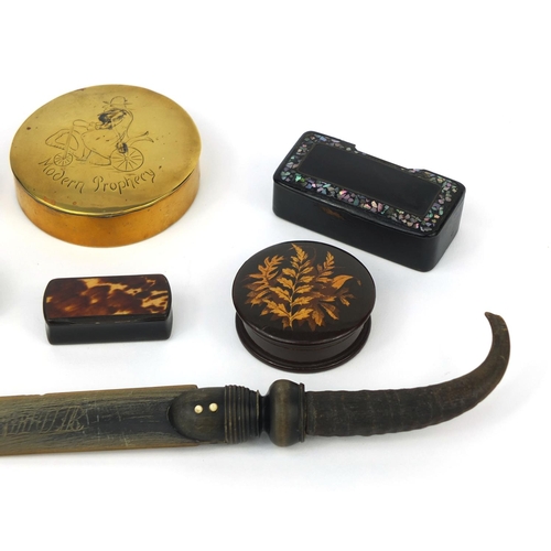 75 - Six antique snuff boxes together with a horn letter opener, the snuff boxes including a Georgian bra... 