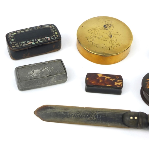 75 - Six antique snuff boxes together with a horn letter opener, the snuff boxes including a Georgian bra... 