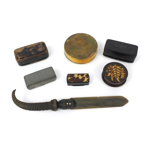 75 - Six antique snuff boxes together with a horn letter opener, the snuff boxes including a Georgian bra... 