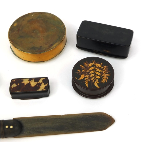 75 - Six antique snuff boxes together with a horn letter opener, the snuff boxes including a Georgian bra... 